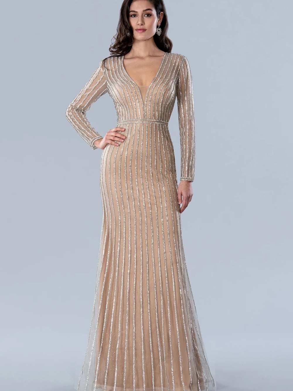 Beaded Sheer Long Sleeve Nude Evening Gown